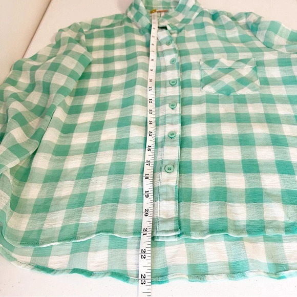 FREE PEOPLE Semi Sheer Gingham Blouse Button Up Top Green White High Low Small - Picture 10 of 12